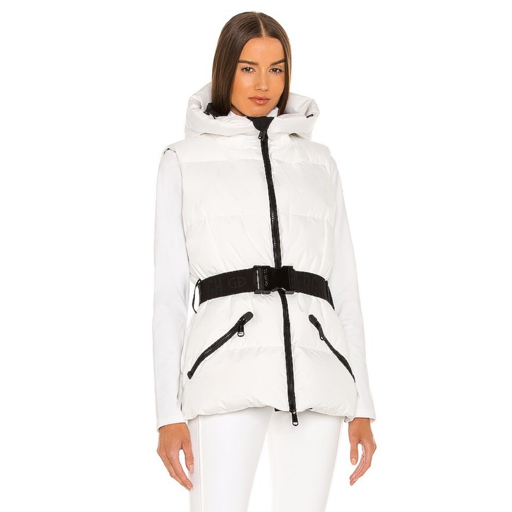 Goldbergh Mae belted hooded quilted down vest in white - Picture 1 of 9